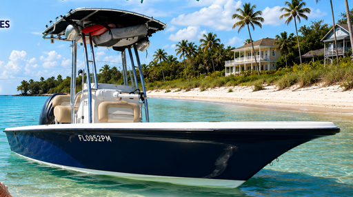 Navy-hull center console bay boat with T-top and bow seating
